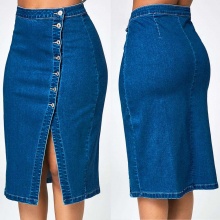Women Fashion Denim Pencil Skirt High Waisted Blow Knee Button Blue Jeans Skirts