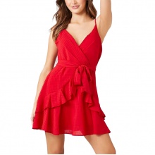 casual dresses slim sexy V-neck shoulder strap Layered ruffle wrap red mini skirt dress