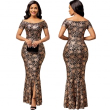  High Quality Vestido Elegant Short Sleeve Golden Flowers Mermaid Dress Gowns For Women Evening Dresses Long Prom Dress